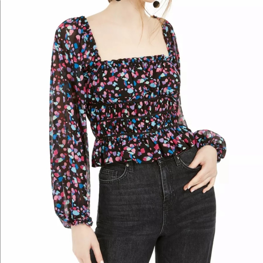 LEYDEN Womens Black Ruffled Printed Long Sleeve Sz Small